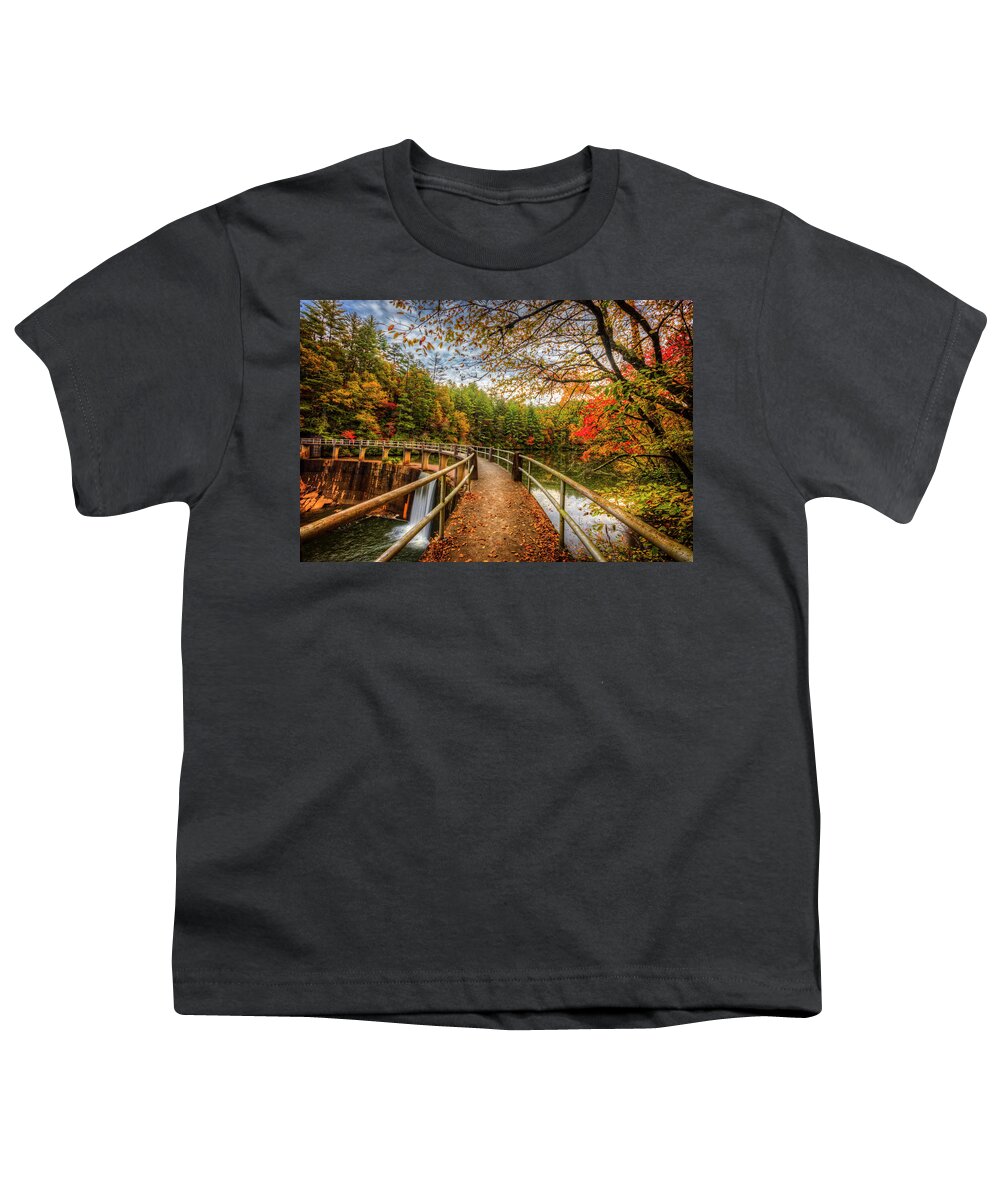Carolina Youth T-Shirt featuring the photograph Autumn Trees at the Dam by Debra and Dave Vanderlaan