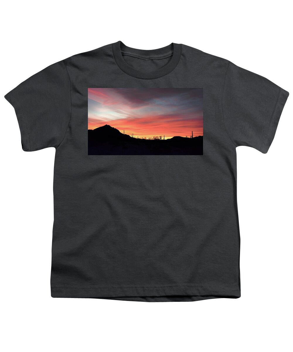 Black Cactus Youth T-Shirt featuring the photograph Avra Valley Sunset by Steve Kelley