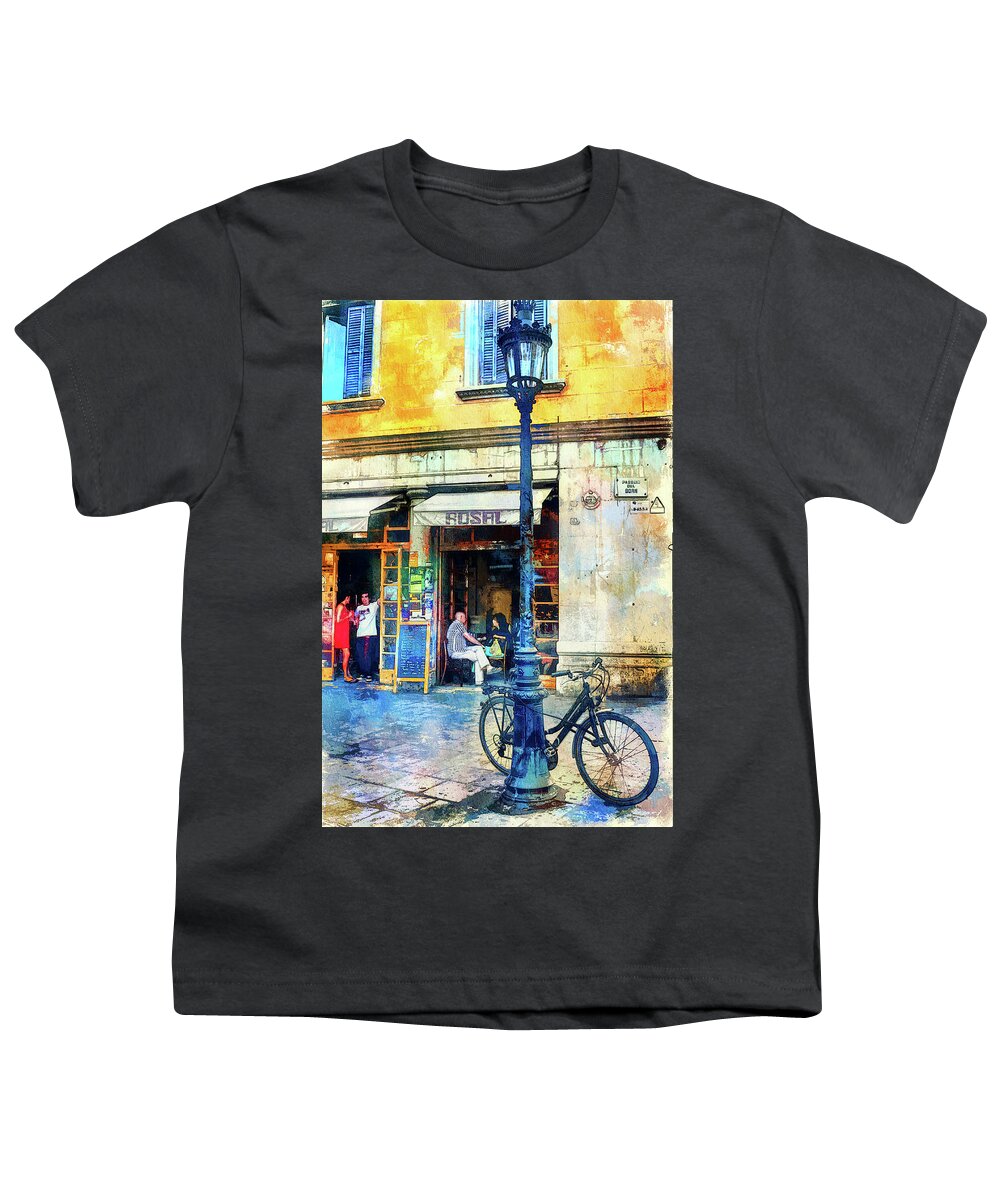 Barcelona Youth T-Shirt featuring the mixed media Barcelona street cafe and bike by Tatiana Travelways