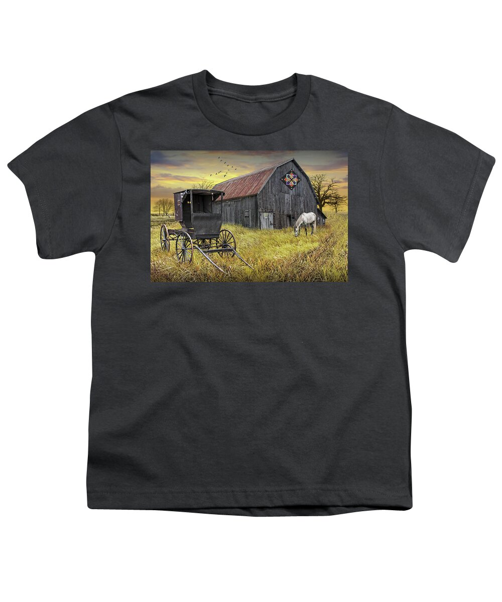 Barn Youth T-Shirt featuring the photograph Barn Quilt with Amish Buggy and Horse on Amish Farm at Sunset by Randall Nyhof