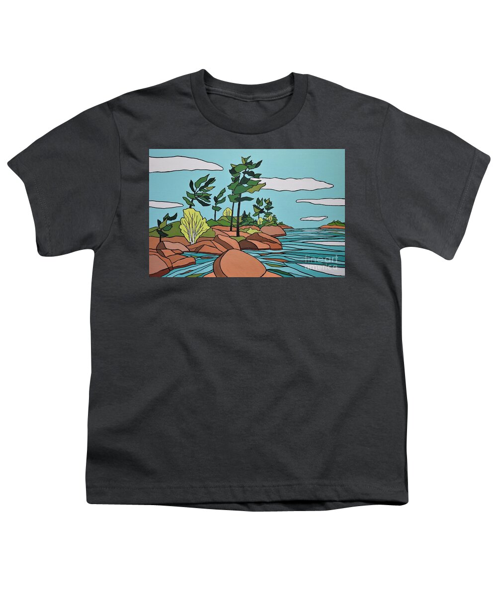 Landscape Youth T-Shirt featuring the painting Bay rocks by Petra Burgmann