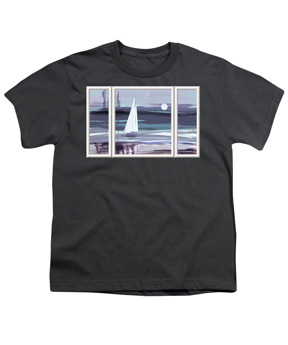 Window View Youth T-Shirt featuring the painting Beach House Window View To Ocean And Sailboat Watercolor VII by Irina Sztukowski