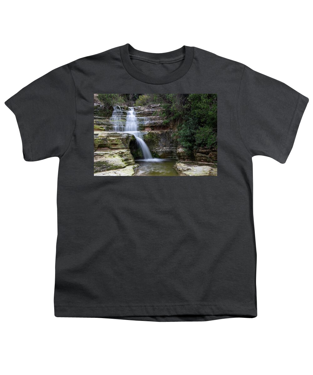River Youth T-Shirt featuring the photograph Beautiful waterfall splashing in the canyon Troodos Cyprus by Michalakis Ppalis