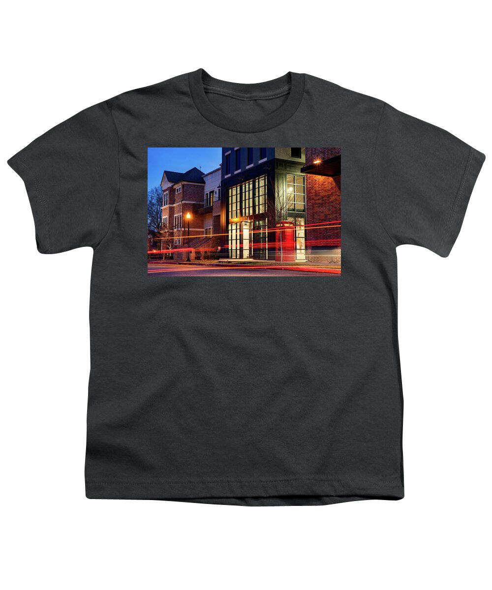 Bentonville Arkansas Youth T-Shirt featuring the photograph Bentonville City Lights And The Haxton District Red Phone Booth by Gregory Ballos