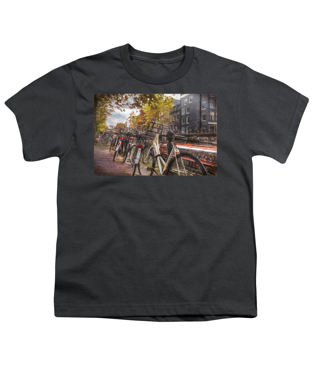 Boats Youth T-Shirt featuring the photograph Bicycles of Every Color in Amsterdam Painting by Debra and Dave Vanderlaan