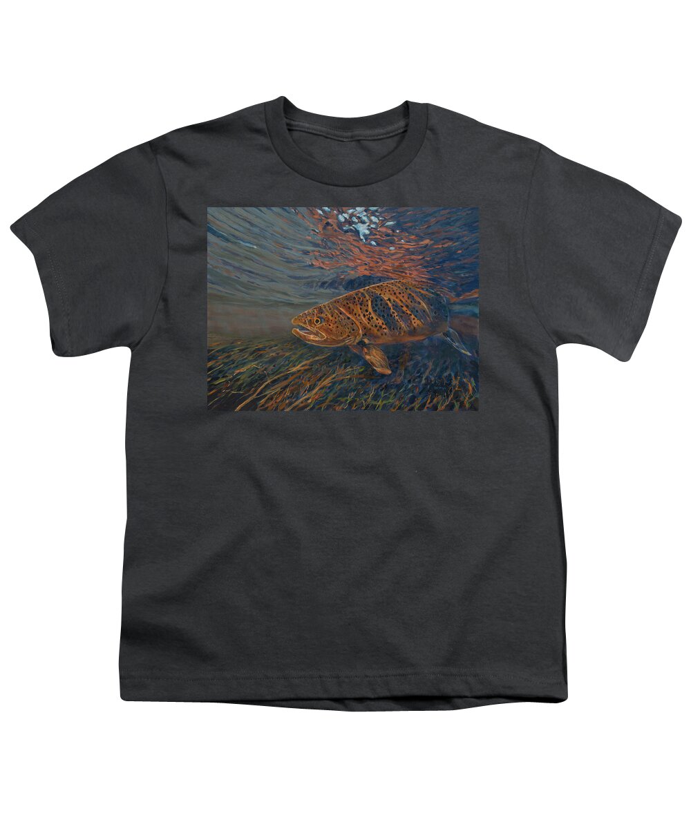 Brown Trout Youth T-Shirt featuring the painting Big Brown by Les Herman