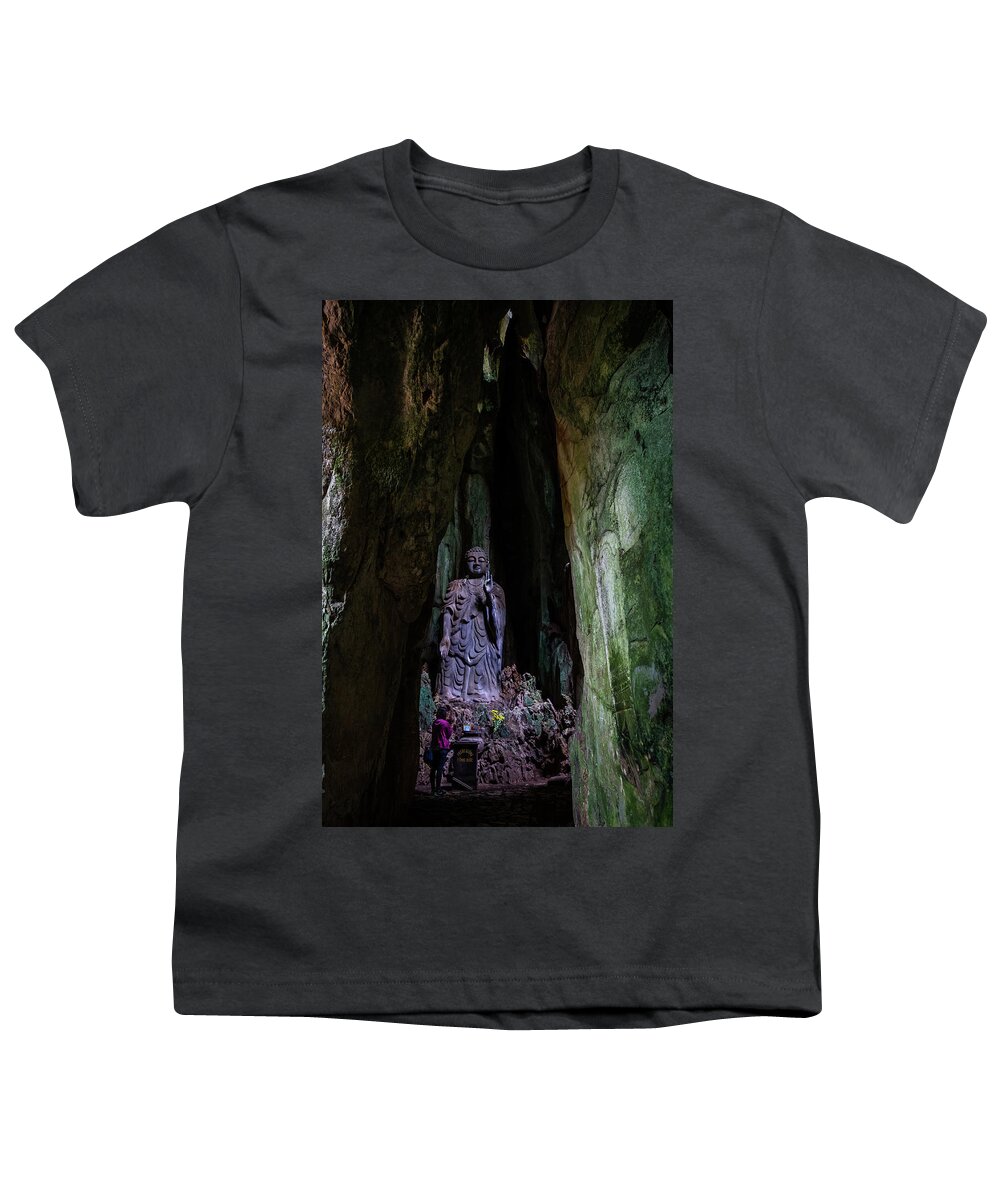 Ancient Youth T-Shirt featuring the photograph Big Buddha Inside Marble Mountain by Arj Munoz