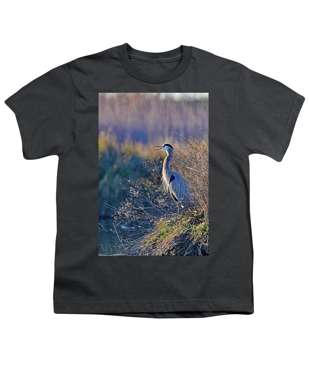 Ardea Herodias Youth T-Shirt featuring the photograph Bill Wide Opened - Blue Heron, Ardea herodias by Amazing Action Photo Video