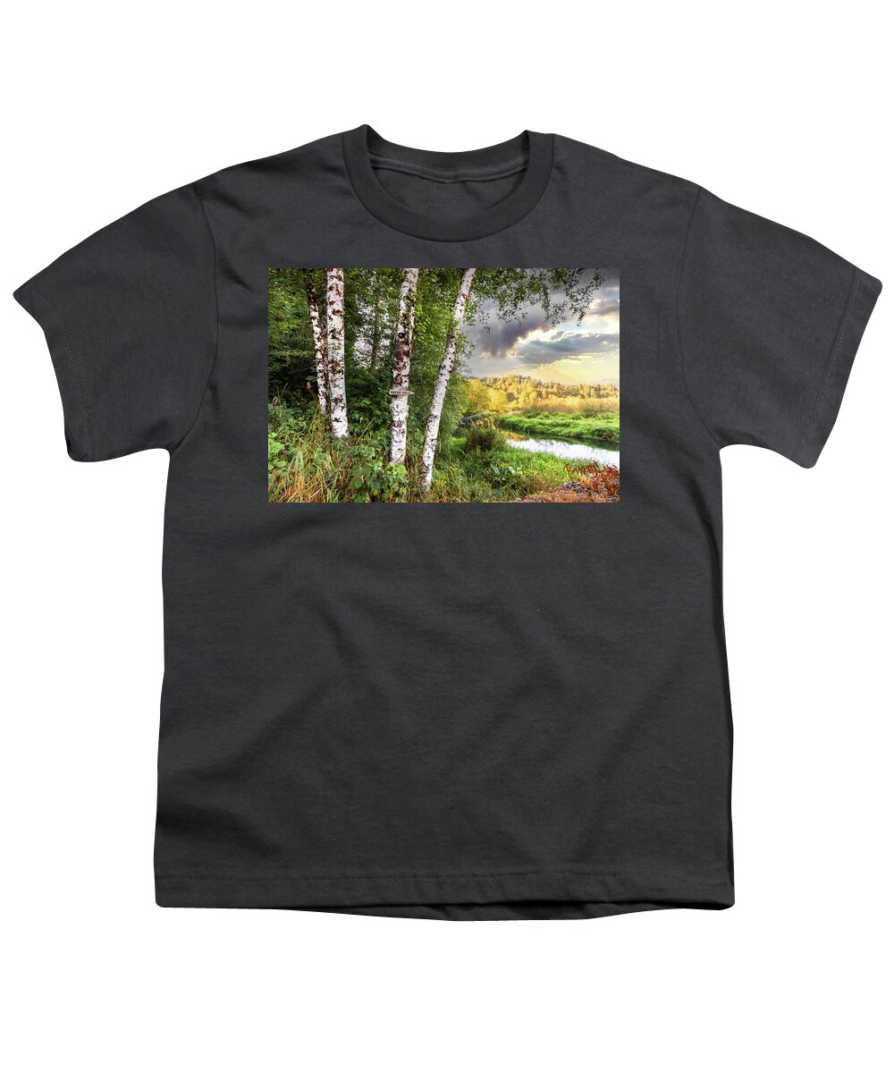Clouds Youth T-Shirt featuring the photograph Birch Trees on the Edge of the Marsh by Debra and Dave Vanderlaan