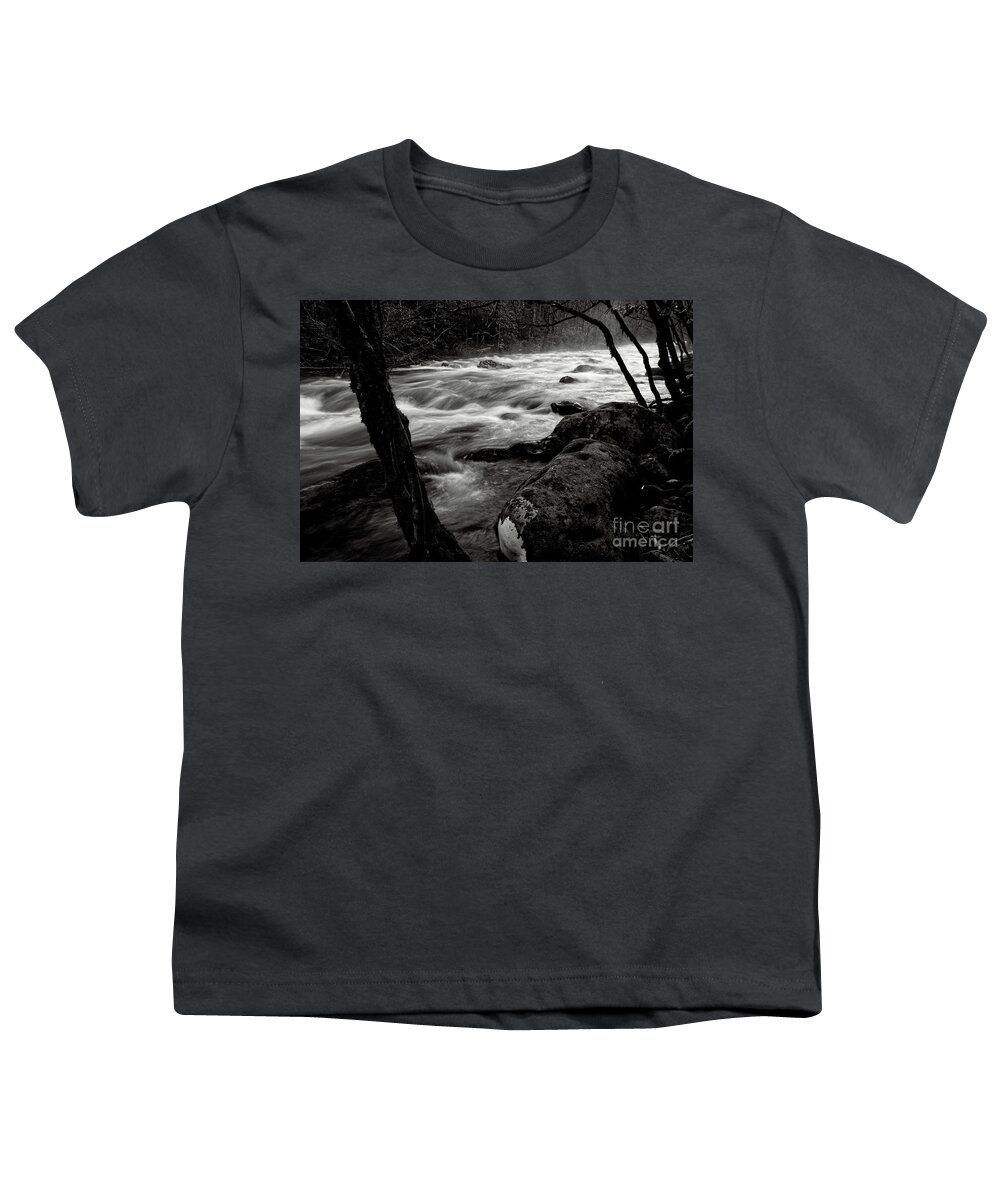 Middle Prong Trail Youth T-Shirt featuring the photograph Black And White River 3 by Phil Perkins
