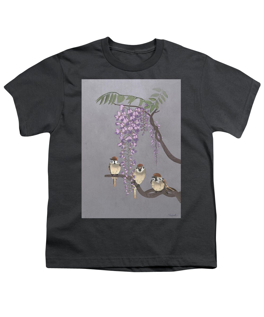 Bird Youth T-Shirt featuring the digital art Blooming Wisteria and Sparrows by M Spadecaller