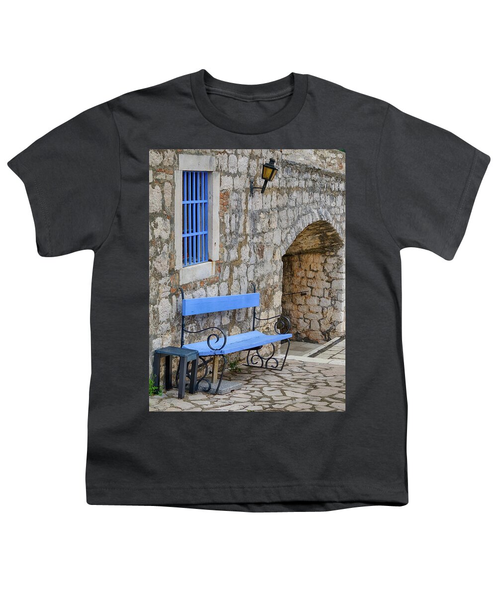 Adriatic Coast Youth T-Shirt featuring the photograph Blue Bench by Eggers Photography