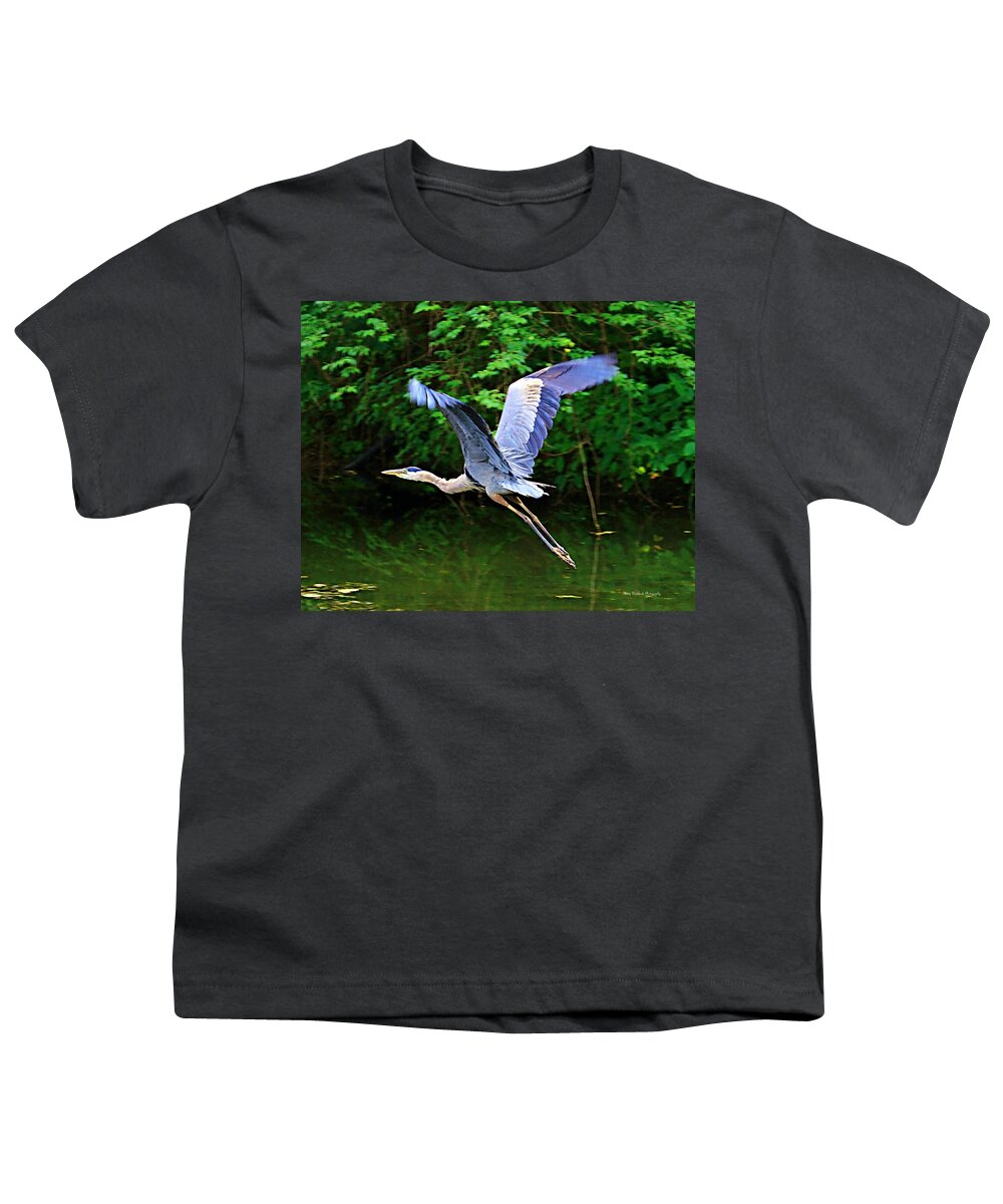 Blue Heron Youth T-Shirt featuring the photograph Blue Heron in Flight by Mary Walchuck