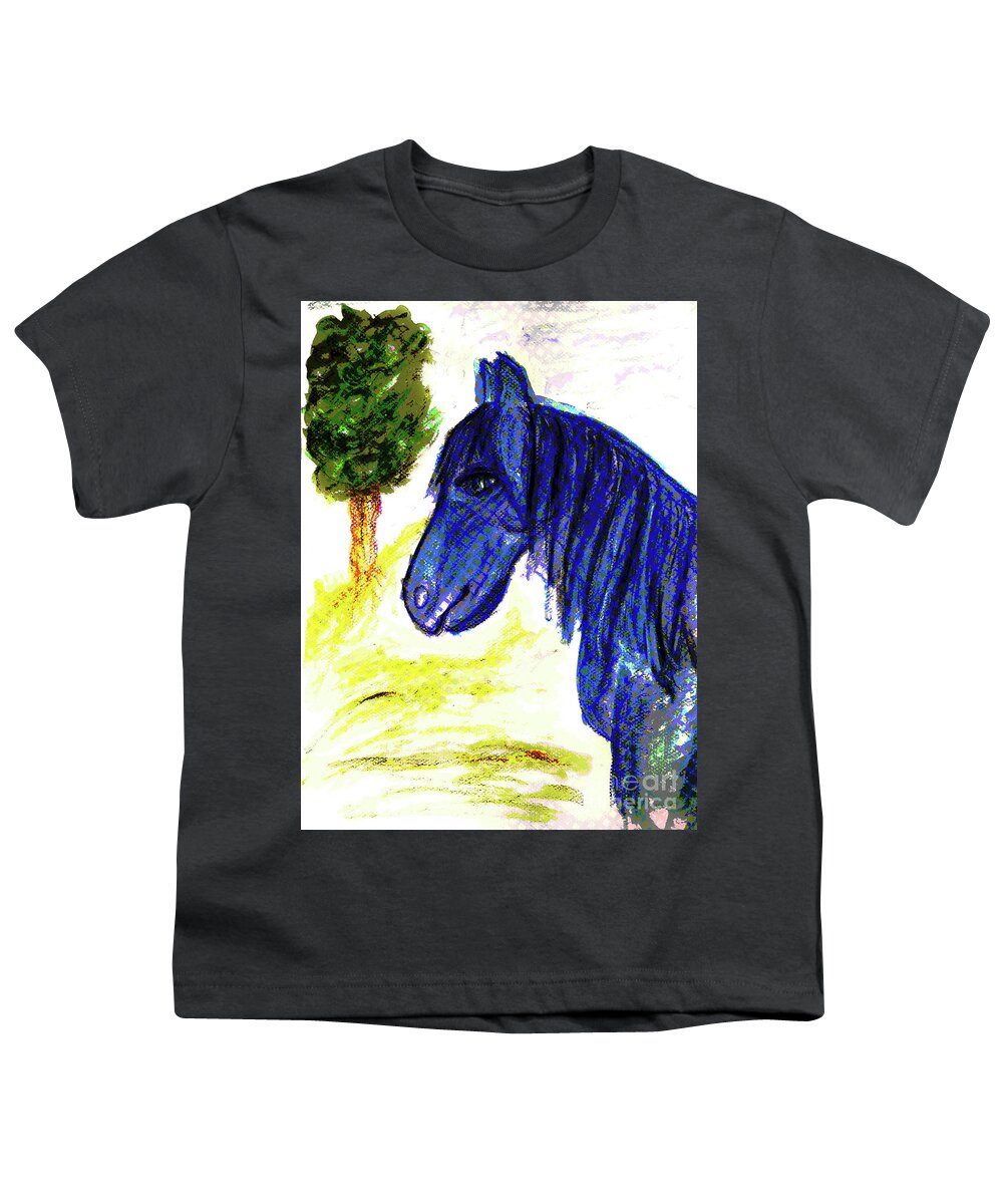 Horse Youth T-Shirt featuring the mixed media Blue Horse by Mimulux Patricia No