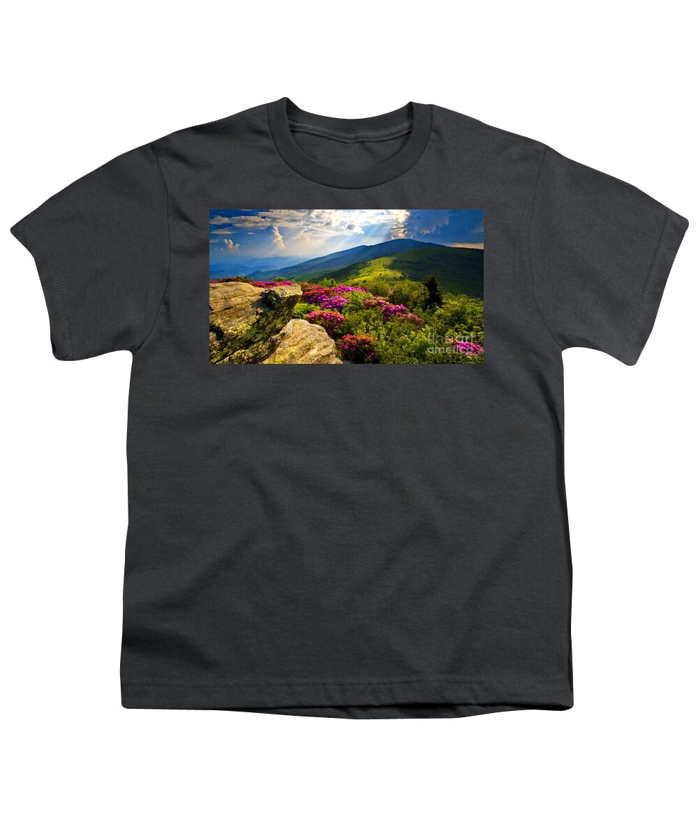 Blue Ridge Parkway Youth T-Shirt featuring the mixed media Blue Ridge Parkway Catawba Rhododendrons by Sandi OReilly