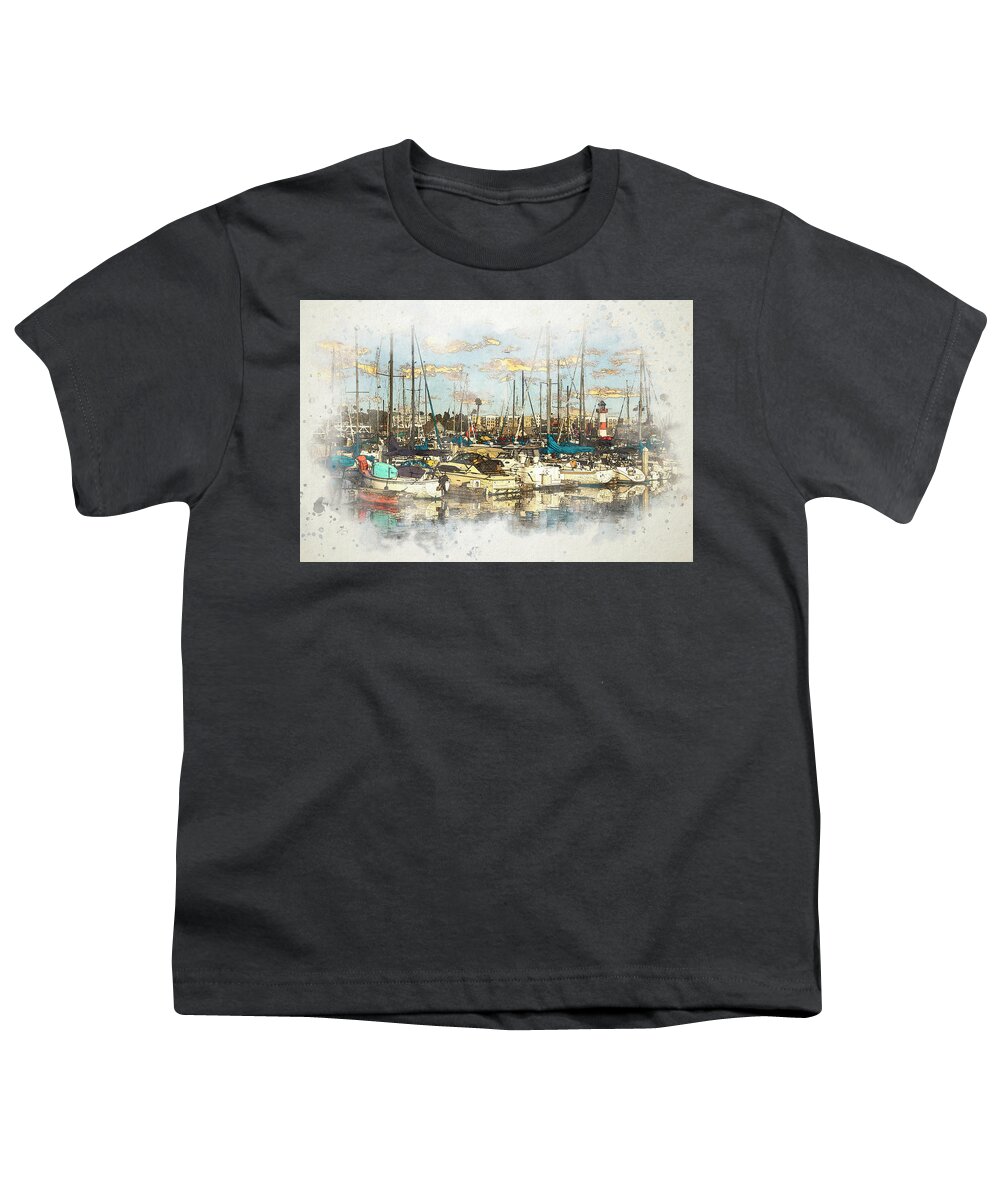 Boats Youth T-Shirt featuring the digital art Boats at the Marina Sketch by Alison Frank