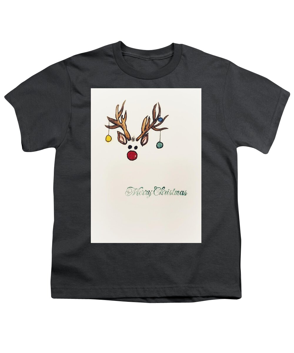 Reindeer Youth T-Shirt featuring the painting Boy Reindeer. Rudolph? by Shady Lane Studios-Karen Howard