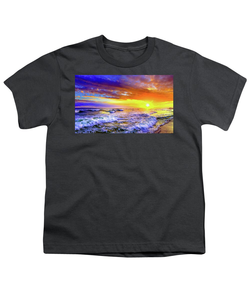 Art Youth T-Shirt featuring the photograph Bright Yellow Orange Sunset Ocean Refkection Waves by Eszra Tanner