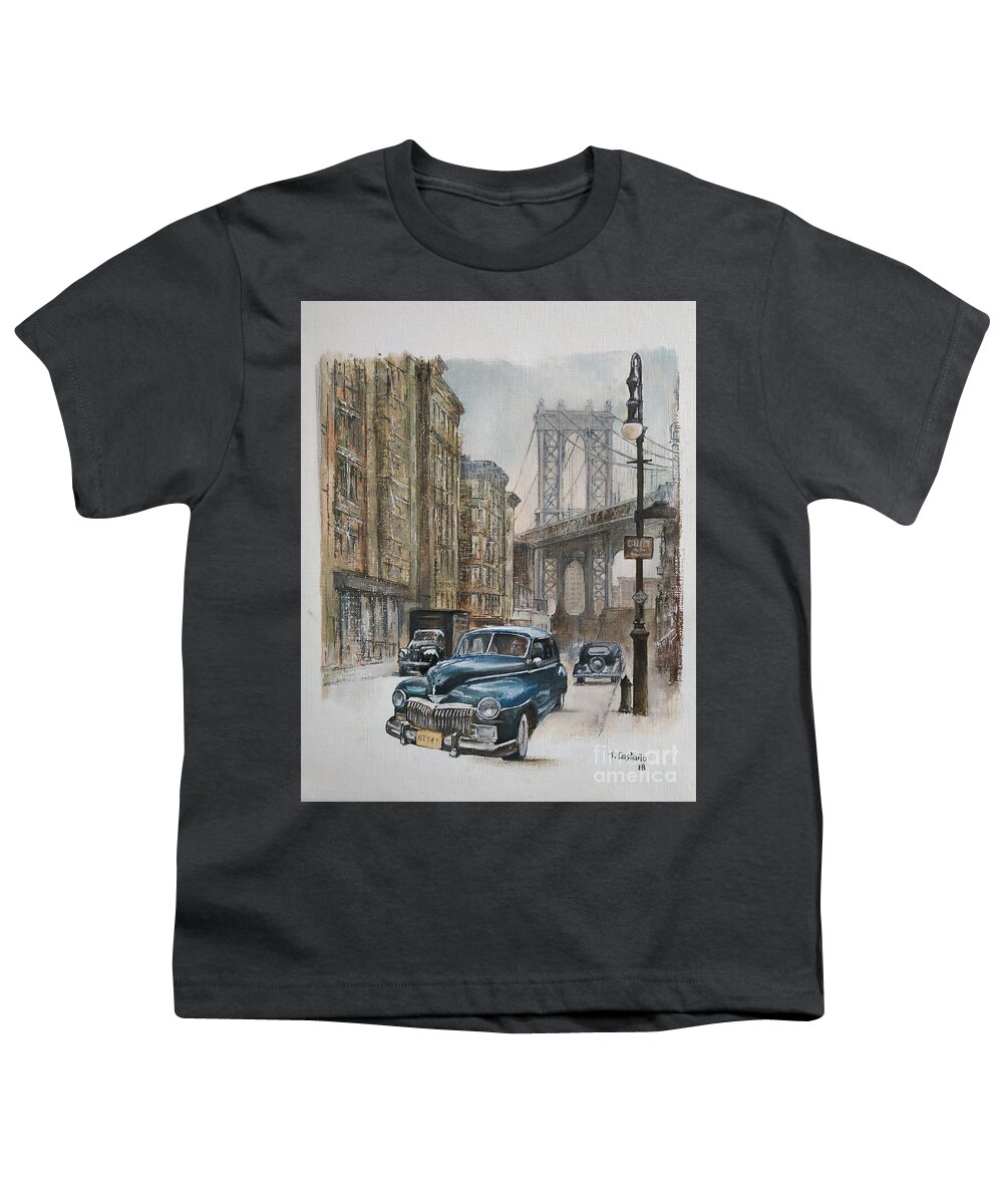 Blue Car Youth T-Shirt featuring the painting Brooklyn bridge by Tomas Castano
