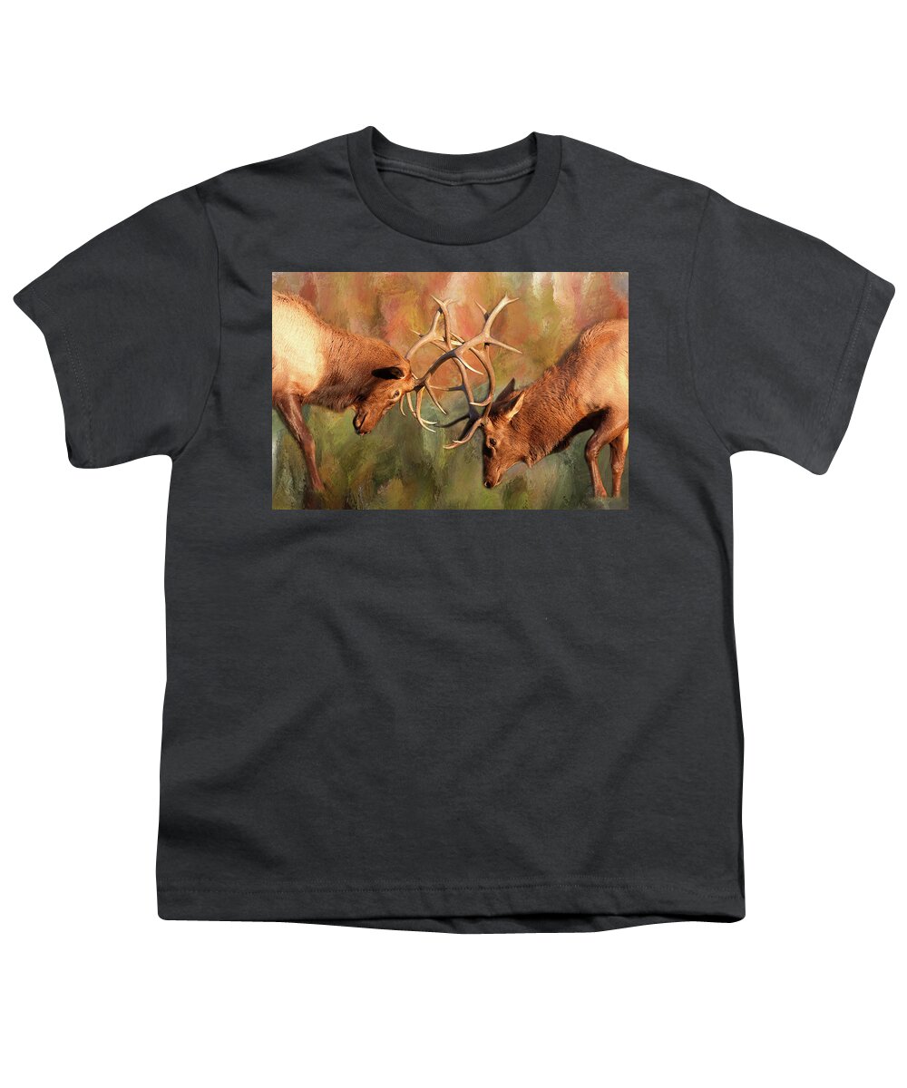 'estes Park' Youth T-Shirt featuring the photograph Bull Elk Sparring In The Mix by James BO Insogna