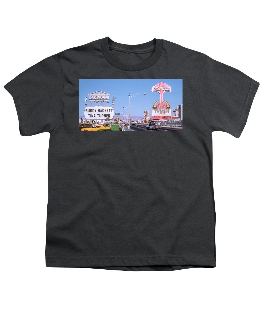 Flamingo Casino Neon Sign Youth T-Shirt featuring the photograph Caesars Palace Casino and Flamingo Casino Marquee Signs 1970's 2 to 1 Ratio by Aloha Art