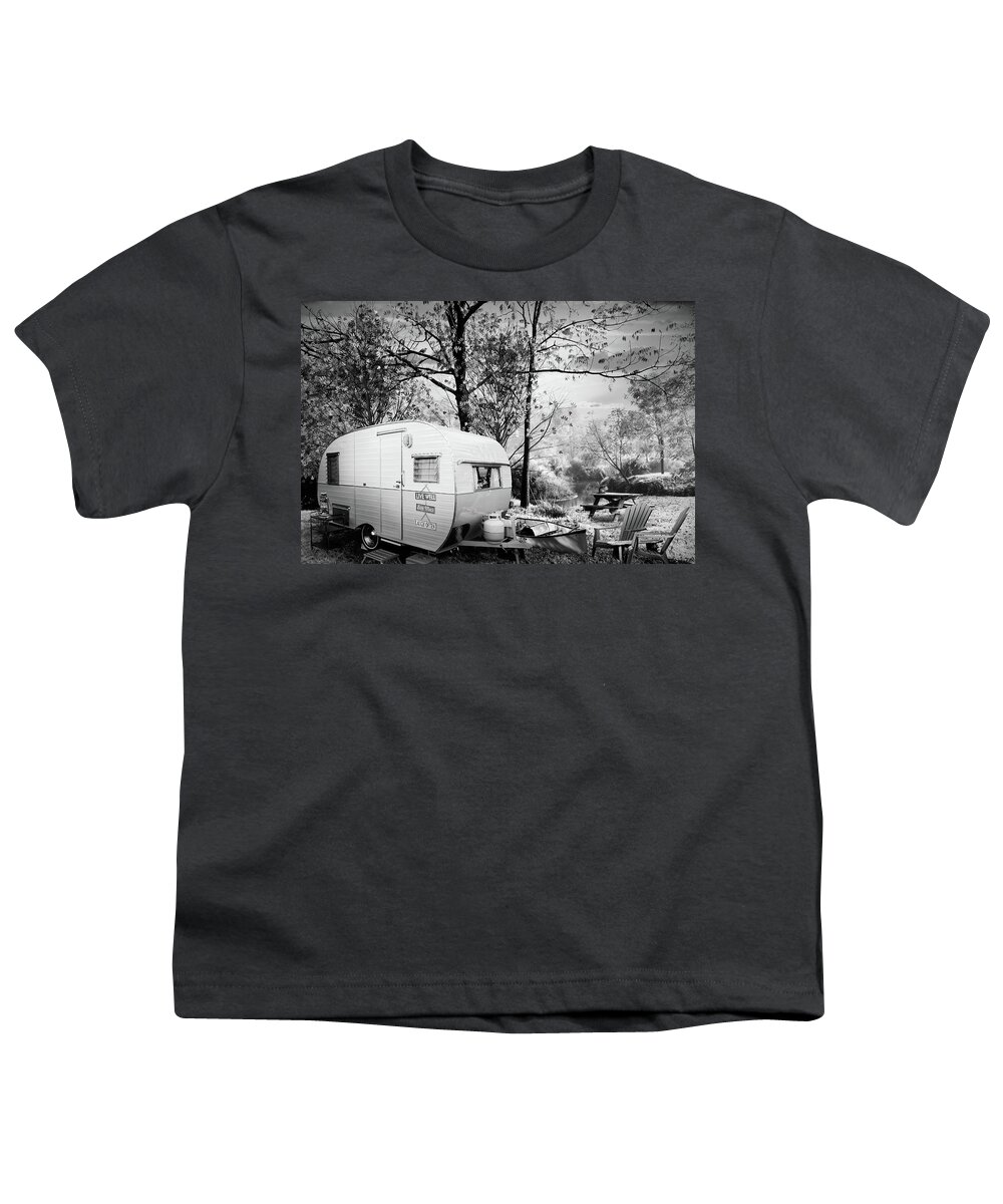 White Youth T-Shirt featuring the photograph Camping at the Creek Black and White by Debra and Dave Vanderlaan