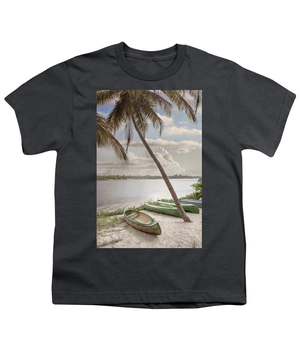 African Youth T-Shirt featuring the photograph Canoes Waiting on the Beach in Soft Cottage Hues by Debra and Dave Vanderlaan