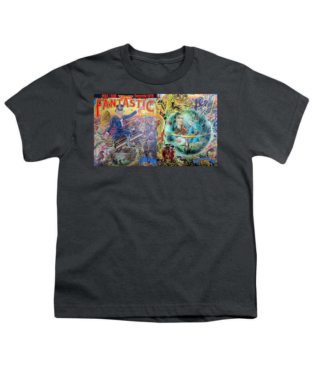 Rock And Roll Youth T-Shirt featuring the mixed media Captain Fantastic and the Brown Dirt Cowboy 1975 album cover front and back by David Lee Thompson