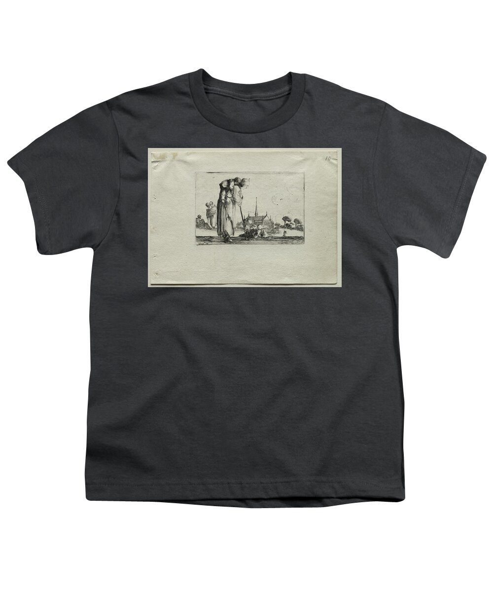 Antique Youth T-Shirt featuring the painting Caprices Standing Beggar Woman Carrying a Child on her Back c. 1642 Stefano Della Bella by MotionAge Designs