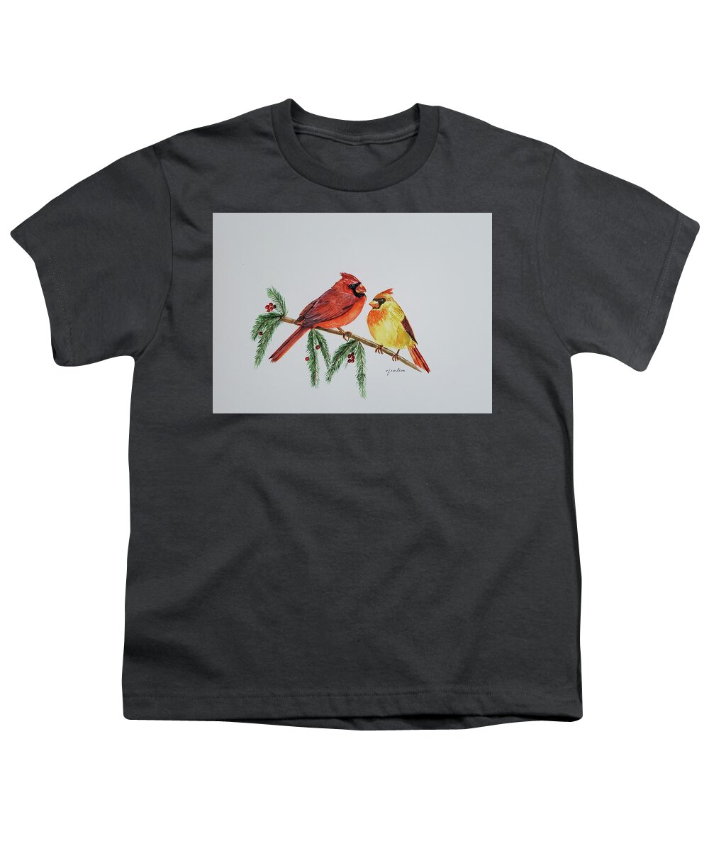 Cardinals Youth T-Shirt featuring the painting Cardinal Couple by Claudette Carlton