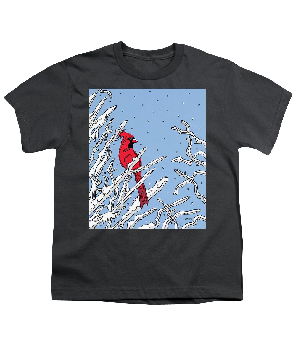 Cardinal Winter Branches Bird Youth T-Shirt featuring the painting Cardinal Winter by Mike Stanko
