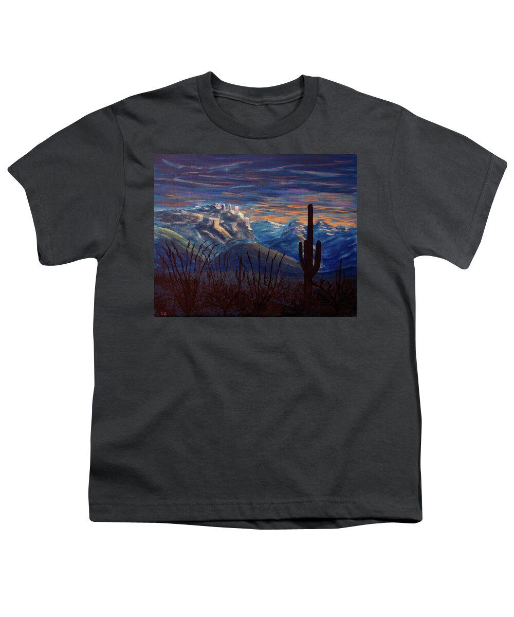 Tucson Youth T-Shirt featuring the painting Catalina Mountains Sunrise, Tucson Arizona by Chance Kafka
