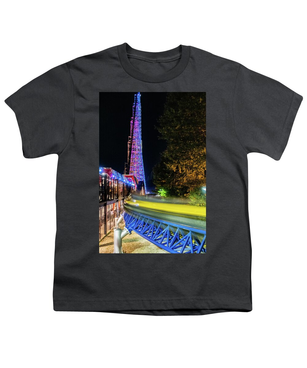 Cedar Point Youth T-Shirt featuring the photograph Cedar Point Millennium Force With Motion Trails Roller Coaster 2021 by Dave Morgan