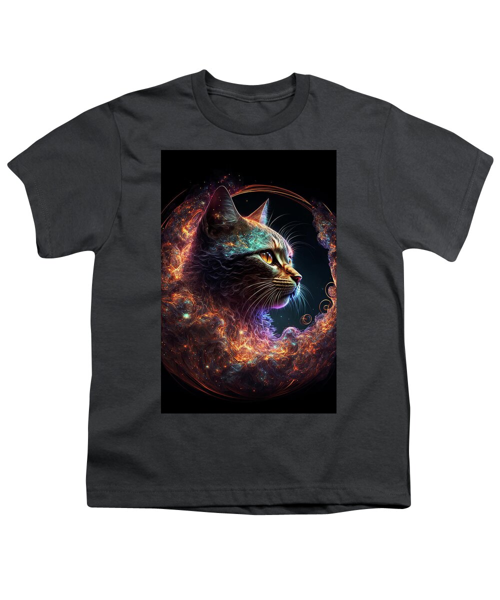 Psychedelic Cat Youth T-Shirt featuring the digital art Celeste the Cosmic Cat by Peggy Collins