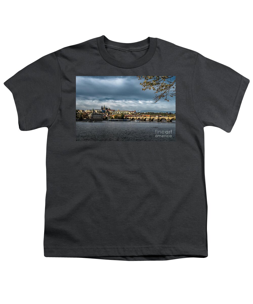 Prague Youth T-Shirt featuring the photograph Charles Bridge Over Moldova River And Hradcany Castle In Prague In The Czech Republic by Andreas Berthold