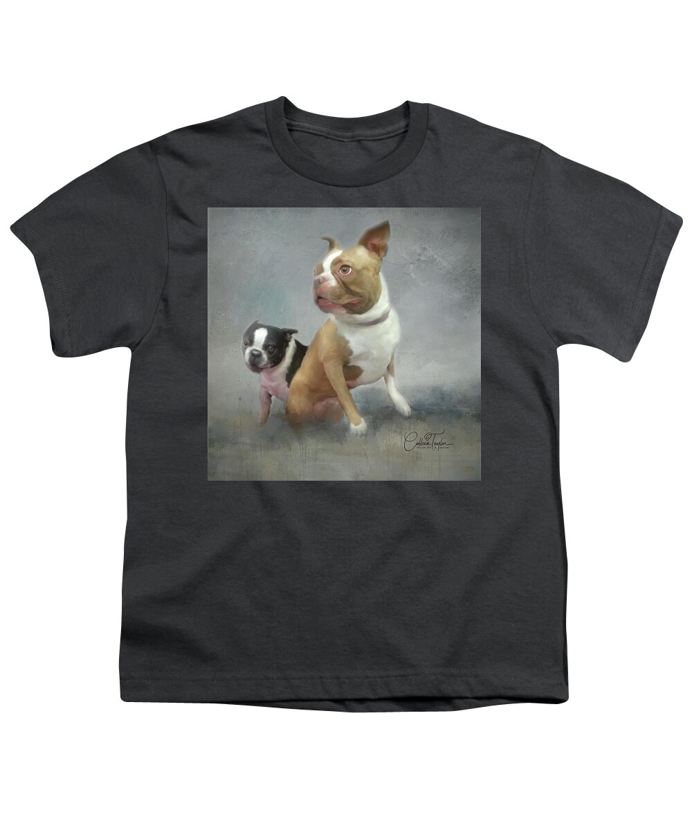 Boston Terrier's Youth T-Shirt featuring the mixed media Cheech and Chong by Colleen Taylor