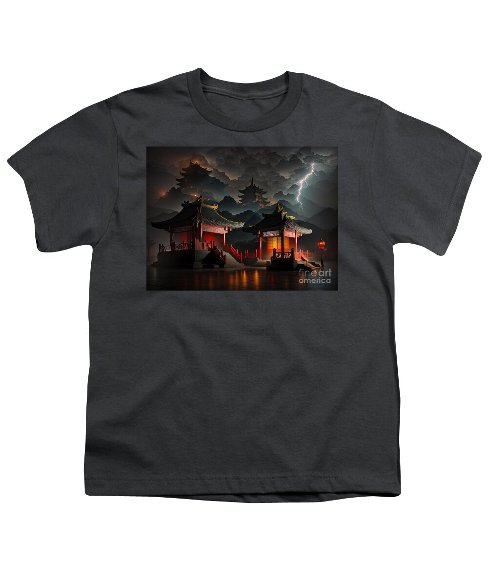 Ai Art Youth T-Shirt featuring the digital art Chinese temple in the storm by Michelle Meenawong