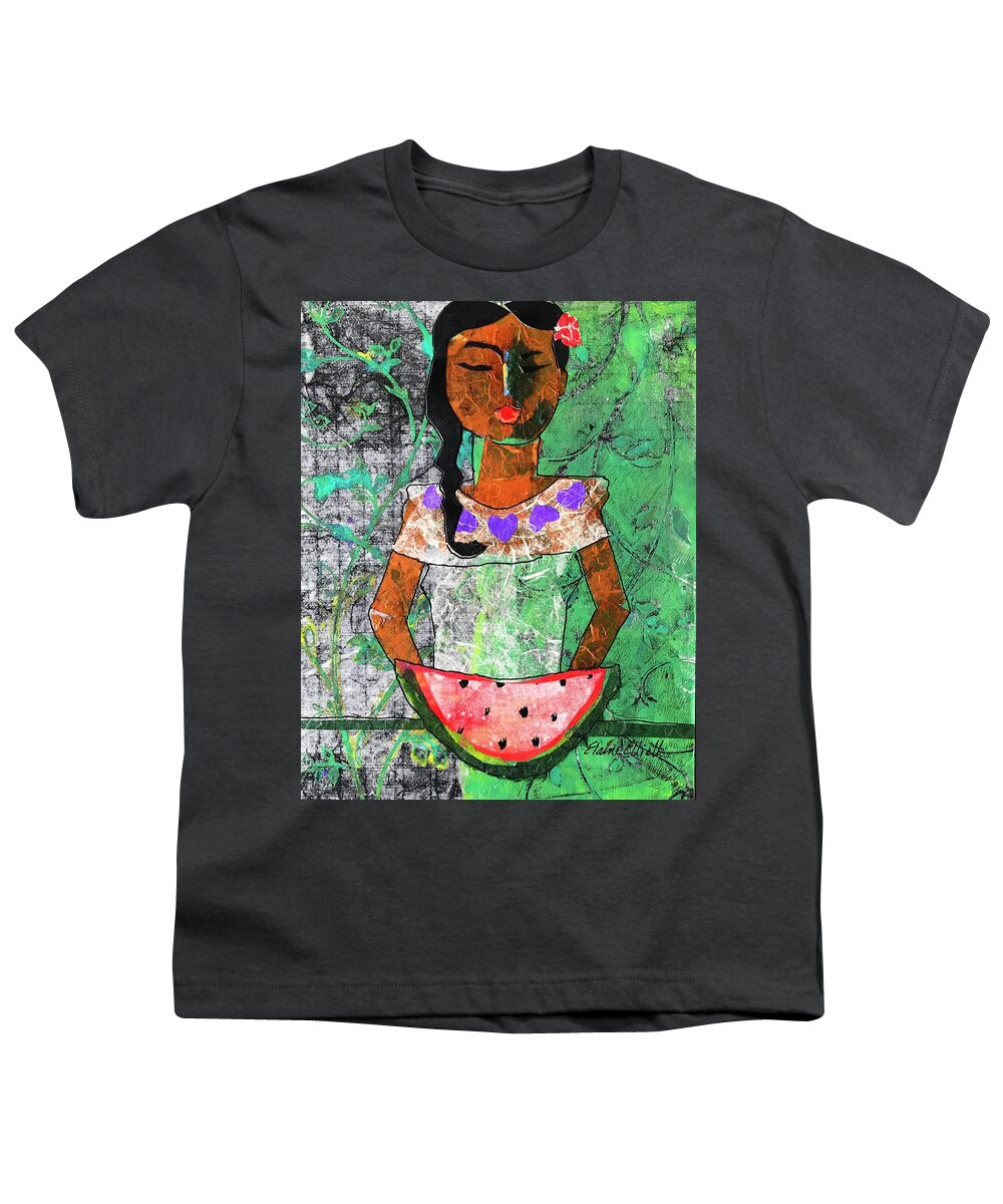 Abstract Portrait Youth T-Shirt featuring the painting Chiquita con Melon by Elaine Elliott
