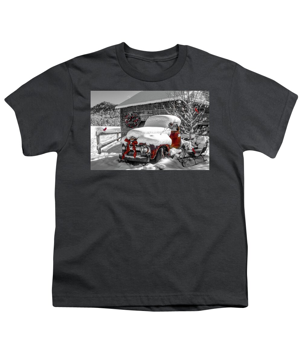 Barns Youth T-Shirt featuring the photograph Christmas Cardinals Black and White and Red by Debra and Dave Vanderlaan