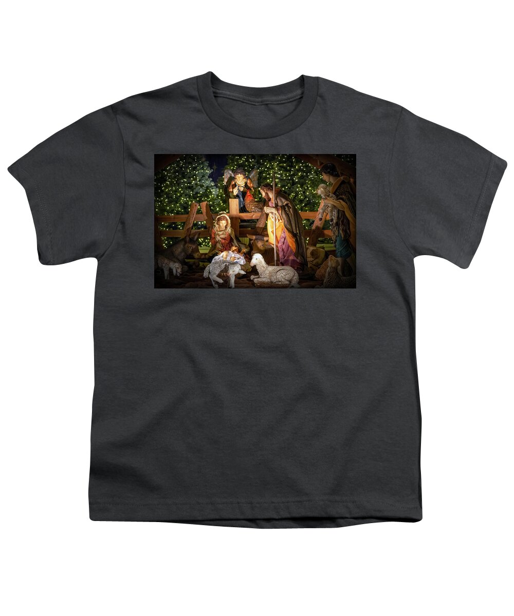 Christmas Youth T-Shirt featuring the photograph Christmas Creche 2 with border by Bonnie Follett