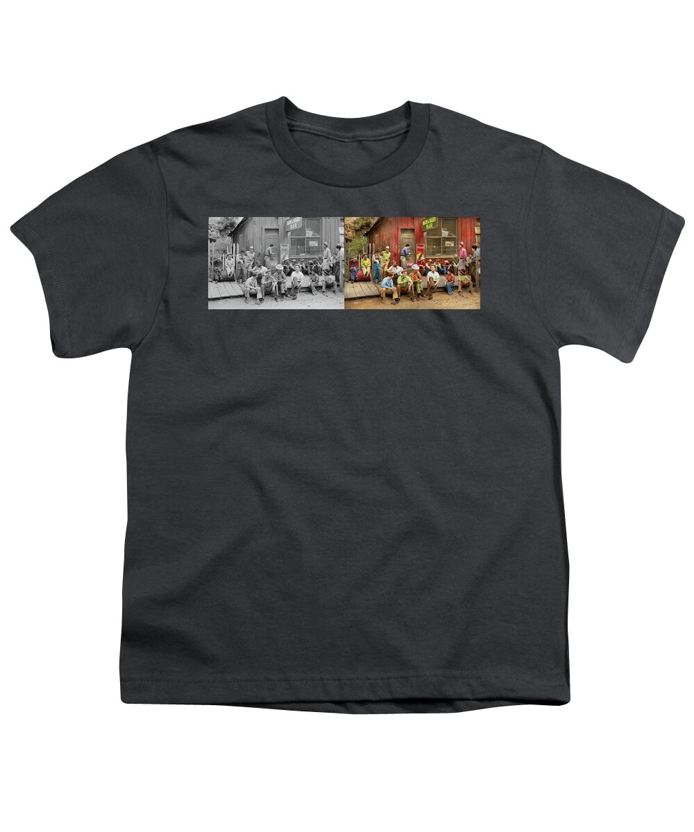 New Mexico Youth T-Shirt featuring the photograph City - Mogollon, NM - Town gathering 1940 - Side by Side by Mike Savad