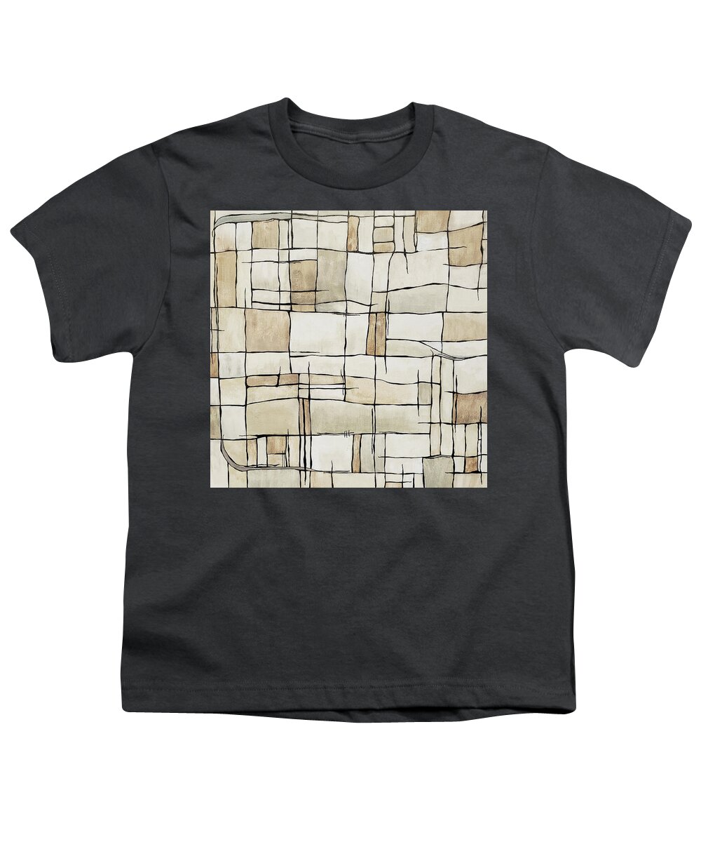 Neutral Abstract Youth T-Shirt featuring the painting CITY STREETS Abstract Squares in Tan Beige Brown Gray Ivory White Black by Lynnie Lang