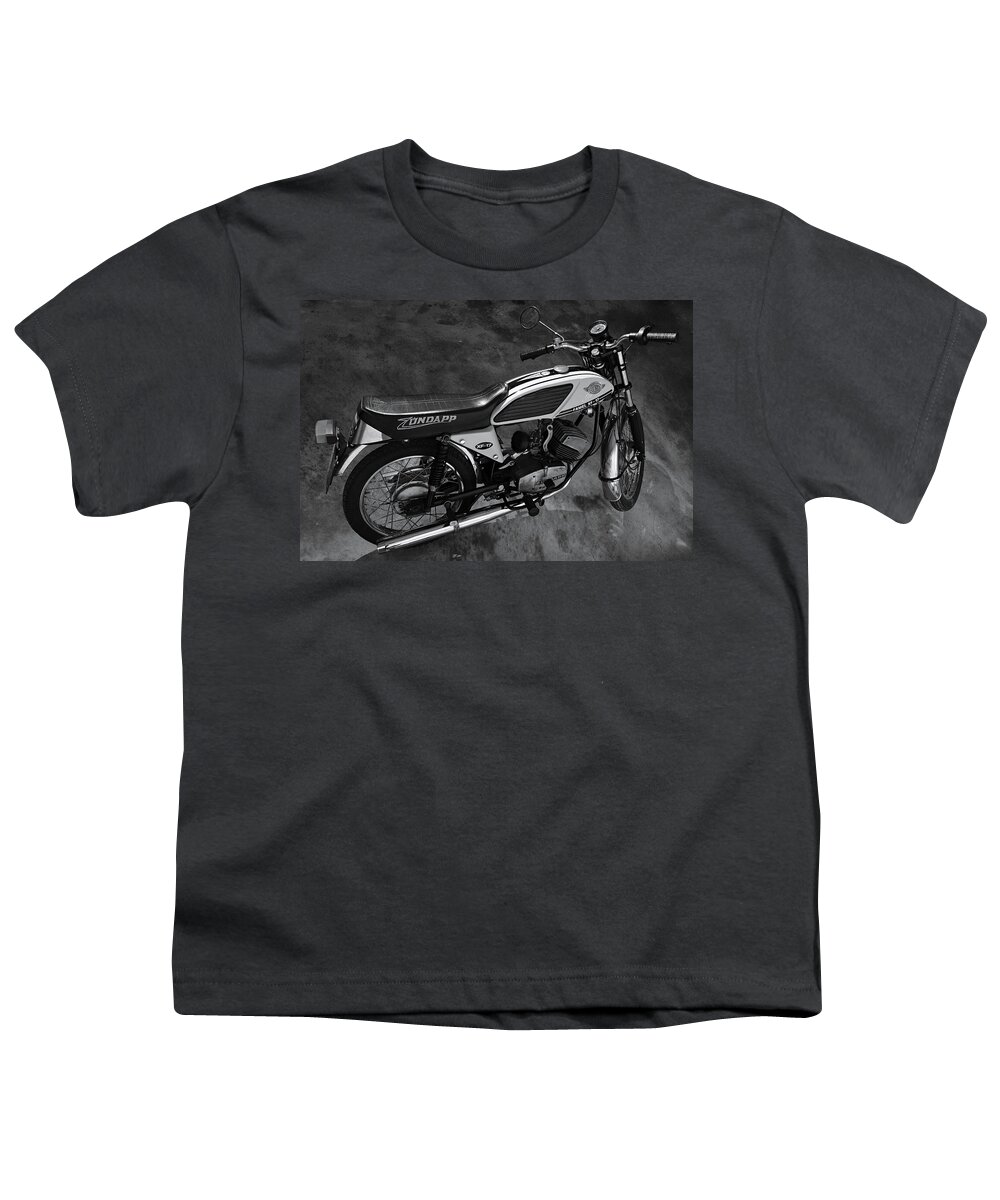Vintage Motorcycle Youth T-Shirt featuring the photograph Classic Zundapp bike XF-17 in the garage. Monochrome by Angelo DeVal