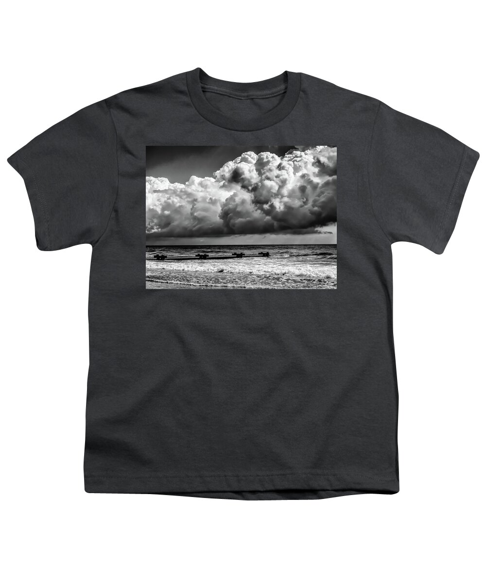 Black & White Youth T-Shirt featuring the photograph Clouds at the Beach by Louis Dallara