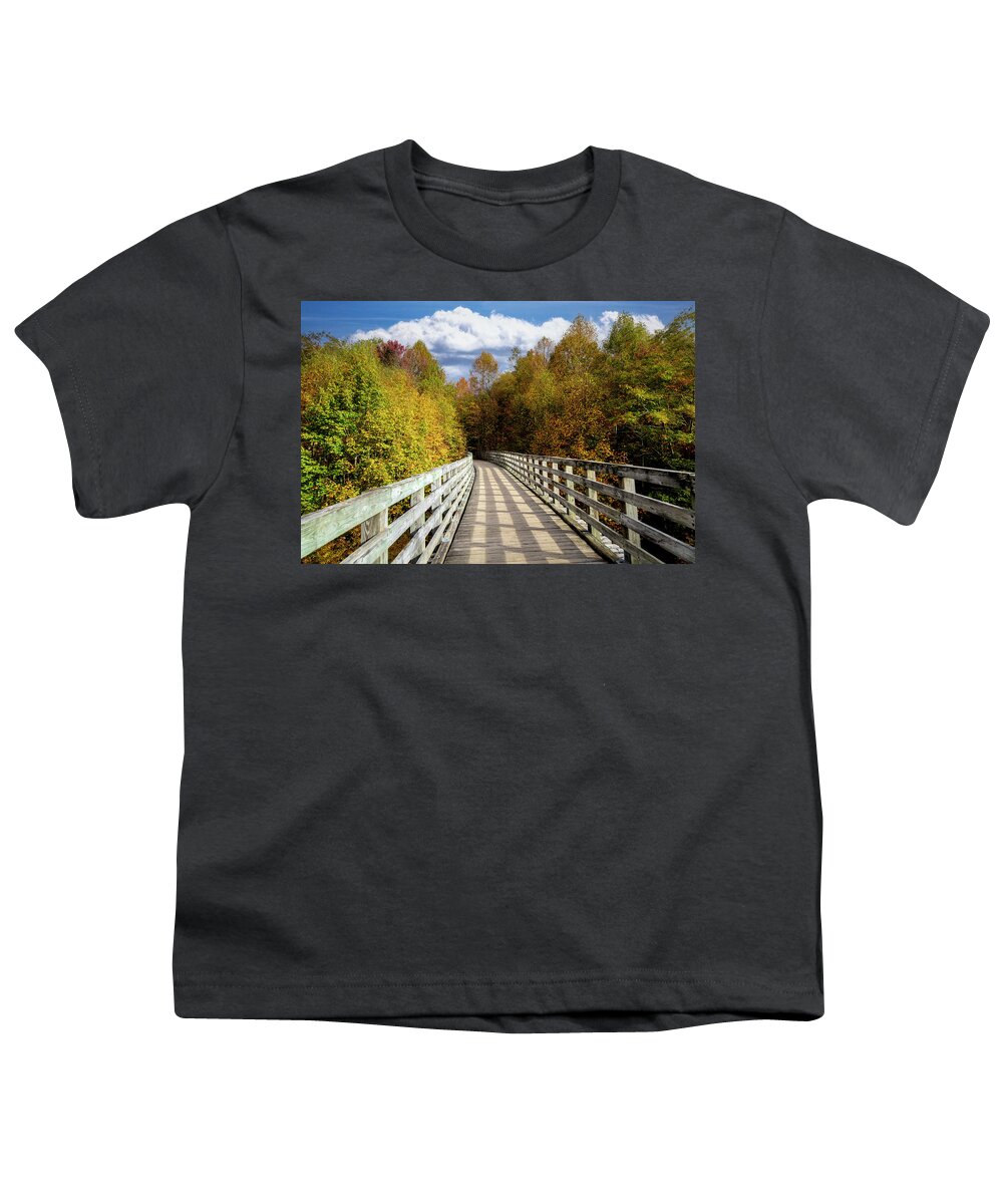 Clouds Youth T-Shirt featuring the photograph Creeper Trail Bridge in Autumn Colors Damascus Virginia by Debra and Dave Vanderlaan