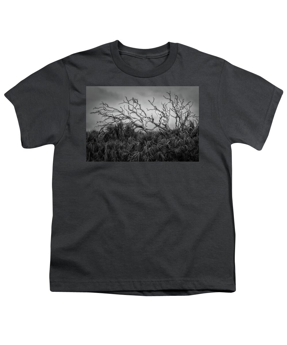 B&w Youth T-Shirt featuring the photograph Dead Trees and Palmettos by Mike Schaffner