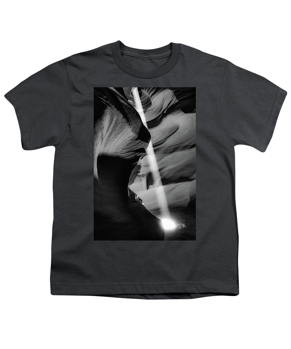 Antelope Canyon Youth T-Shirt featuring the photograph Descent Of Light - Antelope Canyon Monochrome by Gregory Ballos