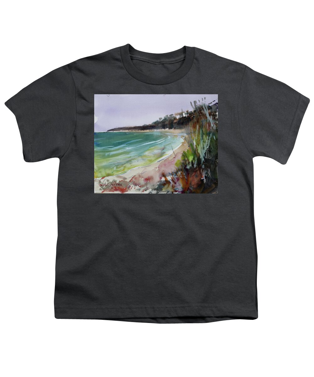 Landscape Youth T-Shirt featuring the painting Deserted Beach by Shirley Peters