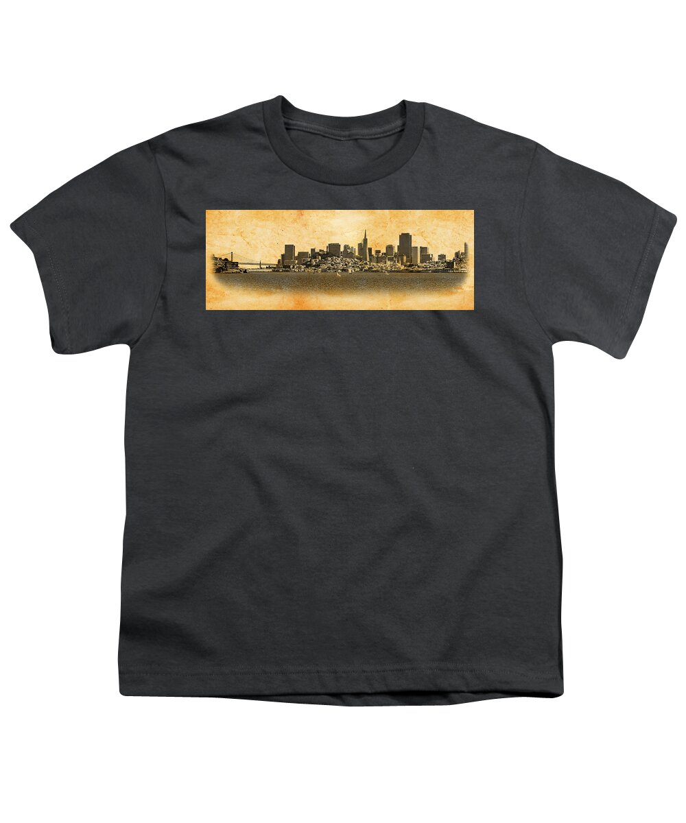 San Francisco Youth T-Shirt featuring the digital art Downtown San Francisco skyline and the Golden Gate bridge - blended on old paper by Nicko Prints
