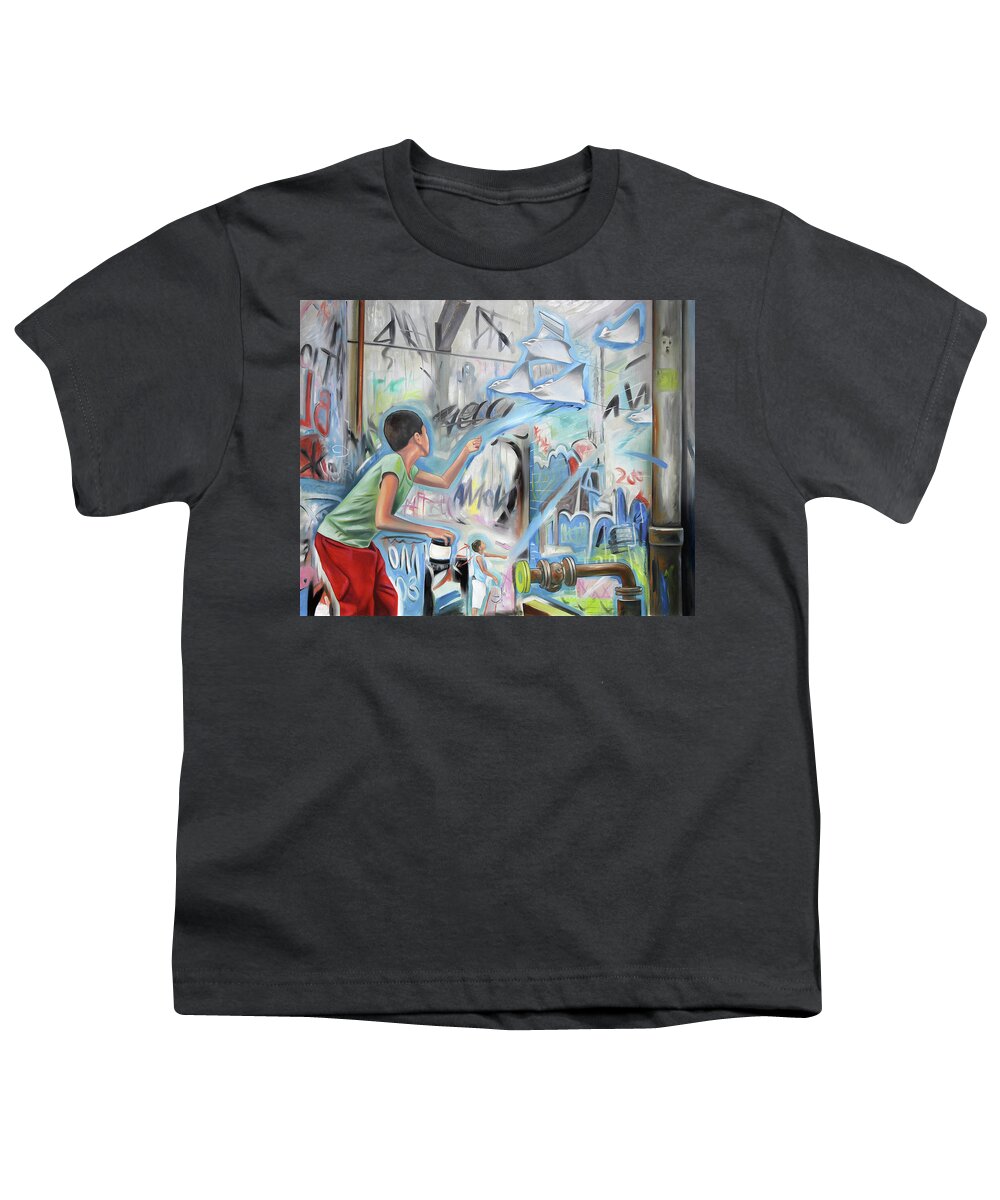 Kite Runner Youth T-Shirt featuring the painting Kite Runners - by Uwe Fehrmann